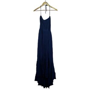NWT R.YIPOSHA Halter Open Back Solid Maxi Dress Navy Blue Boho Tiered Size XL